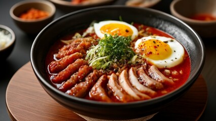 Wall Mural -  Delicious Asian noodle soup with egg and herbs