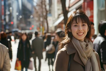 Wall Mural - A happy japanese businesswoman stands on the street of an urban city, surrounded by people about on bustling streets. generative AI