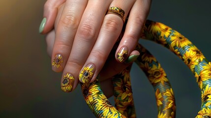 fingers with sunflower nail art wrapped around a garden hose. copy space for text.