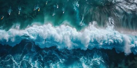 Wall Mural - Aerial view of surfers riding waves