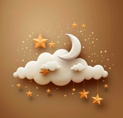 Wall Mural - 3d white cloud with stars and moon, glitter background