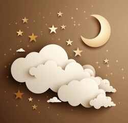 Wall Mural - 3d white cloud with stars and moon, glitter background