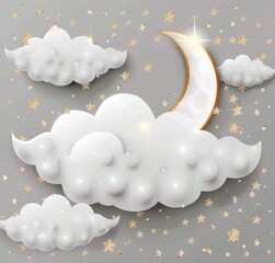 Wall Mural - 3d white cloud with stars and moon, glitter background