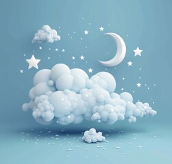 Wall Mural - 3d white cloud with stars and moon, glitter background