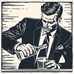 Retro man in a suit pours himself a cocktail, vector illustration