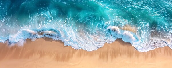 Canvas Print - Dramatic Aerial Photograph of Waves Crashing Against the Beach. Turquoise Waters and Golden Sand, Travel Concept Background.