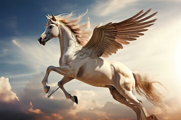 Wall Mural - A pegasus flying in sky poster with copy space.