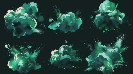 Wall Mural - Set of sequences explode with green powder or dust splash isolated on black background for game or animation. Modern storyboard.