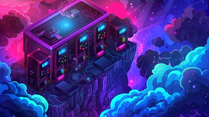 Poster - it is an isometric landing page for dedicated servers, computer data storage, database, hardware, in