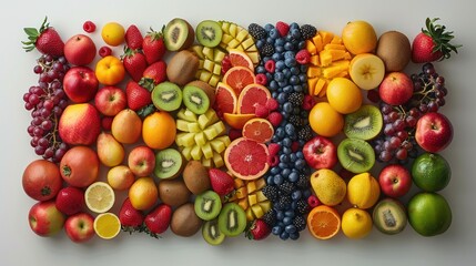 Wall Mural - Assorted tropical fruits arranged neatly, vibrant colors against a white backdrop.