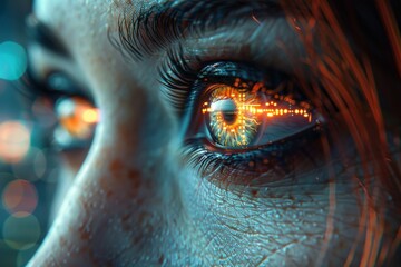 Poster - A close-up of a woman's eye reflecting illuminated data points and digital circuits
