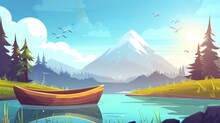 This Is A Cartoon Modern Illustration Of A Wooden Boat On A Lake, Pond Or River With A Mountain Backdrop And Spruce Trees Around. Birds Flying In A Sunny Blue Sky Over The Surface Of The Water.