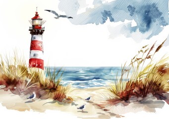 Wall Mural - Watercolor lighthouse on the beach with sand dunes and seagulls