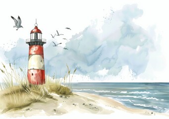 Wall Mural - Watercolor lighthouse on the beach with sand dunes and seagulls