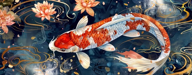 A koi fish with an orange body, white and red stripes on its back