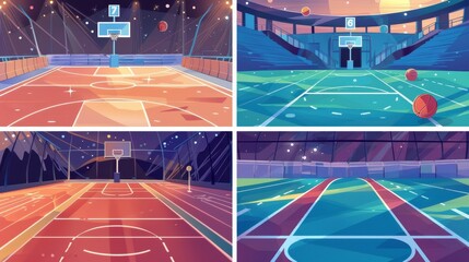 Banners for basketball courts and athletic tracks. Cartoon illustration of an empty stadium with running lane and field with ball and hoop.