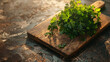 Board with fresh parsley on table closeup