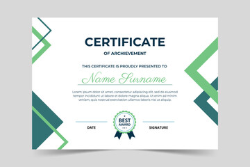 Modern elegant green certificate template with geometric shape. Appreciation for business and education. Vector illustration