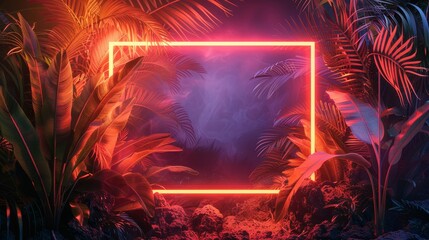 Poster - neon background and tropical leaves, utilizing a color palette of orange and red