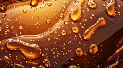 Poster - Drink background with drops of soda, beer, or water. Abstract droplets pattern in transparent aqua on brown background. Realistic modern illustration.