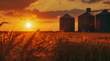 Poster - A field of golden wheat with two silos in the background