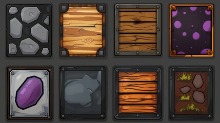 Poster - For UI game design, rectangular buttons consisting of wooden, stone, metal, and black marble textures. Isolated text buttons consisting of rusty iron, grass, and purple jelly.