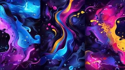 Poster - This modern illustration set features abstract art backgrounds with a mixture of purple, blue, pink, and yellow liquid stains, swirls, splashes, linear elements, and grunge elements.
