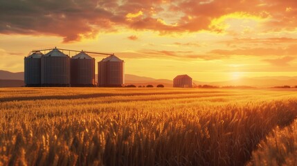 Poster - A field of golden wheat with a sunset in the background