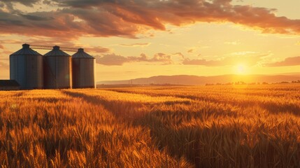 Poster - A field of golden wheat with a sunset in the background