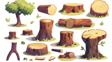 Wall Mural - Isolated circle log pieces and manufactured planks, cartoon modern illustration of round slices and stumps.