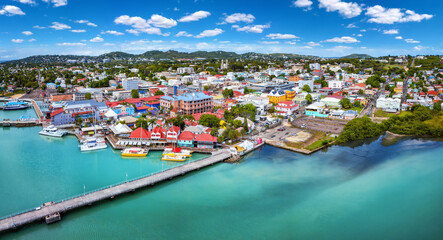 Panoramic aerial view of St. Johns, capital city of Antigua and Barbuda island, Caribbean Sea, with Redcliffe and Heritage Quay