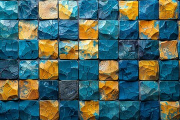 Poster - A vibrant texture pattern of cracked blue and gold tiles, depicting abstract beauty and artistic decay in urban materials