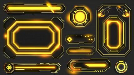 Poster - Stream overlay, UI frame with yellow neon glow. Twitch stream screen, gamer username menu panels and buttons. Esport template, digital user interface. Cartoon modern set.