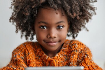 Close-up of a happy young girl with voluminous curly hair and warm sweater