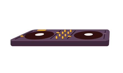 Black DJ controller perspective. Turntable with buttons, vinyl. Equipment for disc jockeys. Mixing console, mixer to play disco, techno, electro music. Flat isolated vector illustration on white