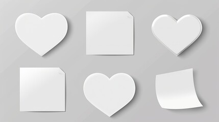 Poster - There are white stickers, peel off paper labels in the shapes of a circle, square, rectangle, and heart. Blank sticky notes and adhesive tags with curled corners placed on an isolated realistic