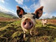 Close-up of a playful piglet with perky ears in a sunny field, another pig in the background.