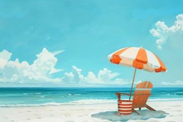 Serene beach scene with an orange and white umbrella and a wooden chair