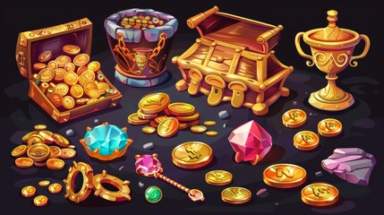 Wall Mural - A set of pirate treasure pile icons with coins and gems isolated on a dark background. Shiny golden diamonds, rubies, and goblets.