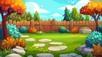 Wall Mural - An autumn backyard garden with a wooden fence modern illustration. An empty fall rural back yard with stone paving and bushes. A countryside exterior with a walkway area. An alleyway with a barrier.