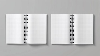 Poster - A realistic set of notebook mockups isolated on a gray background. Modern illustration of blank diary sheets with folded corners. A top view of white line, box, and dot ruled sheets on a spiral