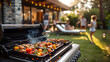 Summer Leisure.A Family Gathering with Barbecue and Grilled Vegetables on Skewers in the Backyard Patio Surrounded by Green Trees