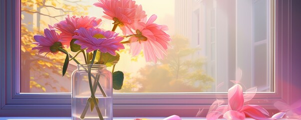 Poster - Pink flowers in vase on window sill