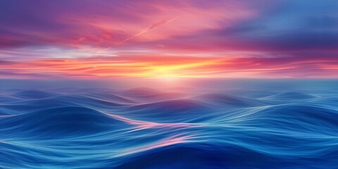 abstract background with blue undulating sea under a bright colored sunset sky