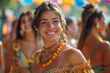 A beaming woman is adorned with colorful festival accessories, radiating happiness and celebration