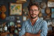 © Larisa AI - A self-assured male entrepreneur is posing in a cafe with arms crossed, surrounded by vintage decor