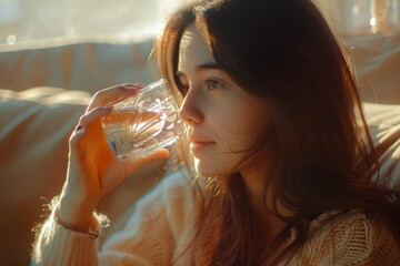 healthy eating, drinks, diet, detox and people concept - close up of woman with fruit infused water in glass bottle . Beautiful simple AI generated image in 4K, unique.