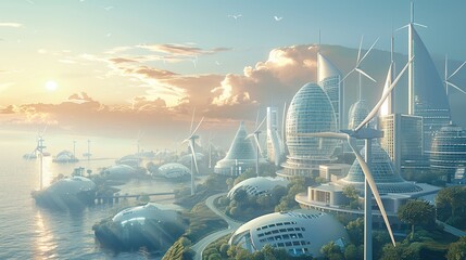 Aufkleber - Wind turbines elegantly integrated into the city architecture, solar panels covering the rooftops of buildings, and public spaces powered by renewable energy sources. Generative AI.