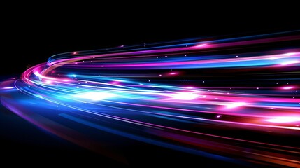 Poster - A realistic modern illustration of energy flash driving on black background with blurred lights and luminous trail.