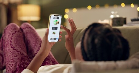 Aufkleber - Black woman, sofa and phone screen for food delivery app with choice, menu and ecommerce at night in home. Girl, person and smartphone with click, scroll and decision for diet, nutrition or take away